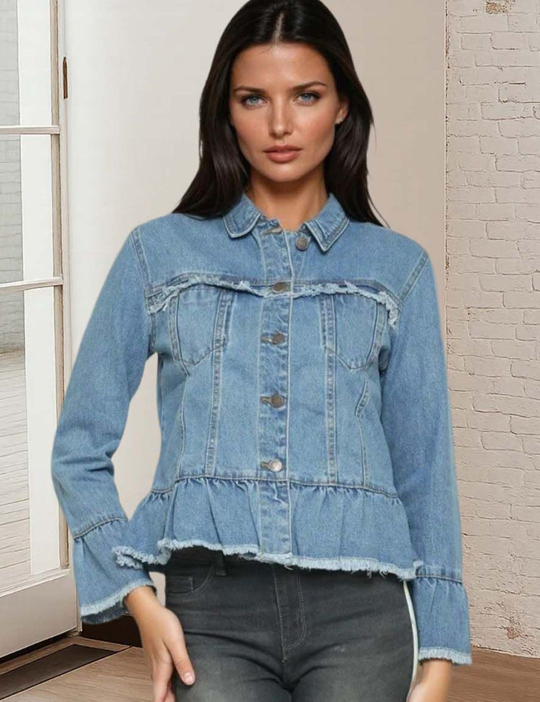 Kotty Women Spread Collar Solid Denim Jacket
