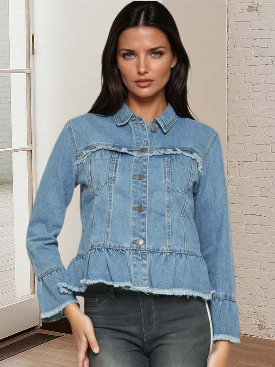 Kotty Women Spread Collar Solid Denim Jacket