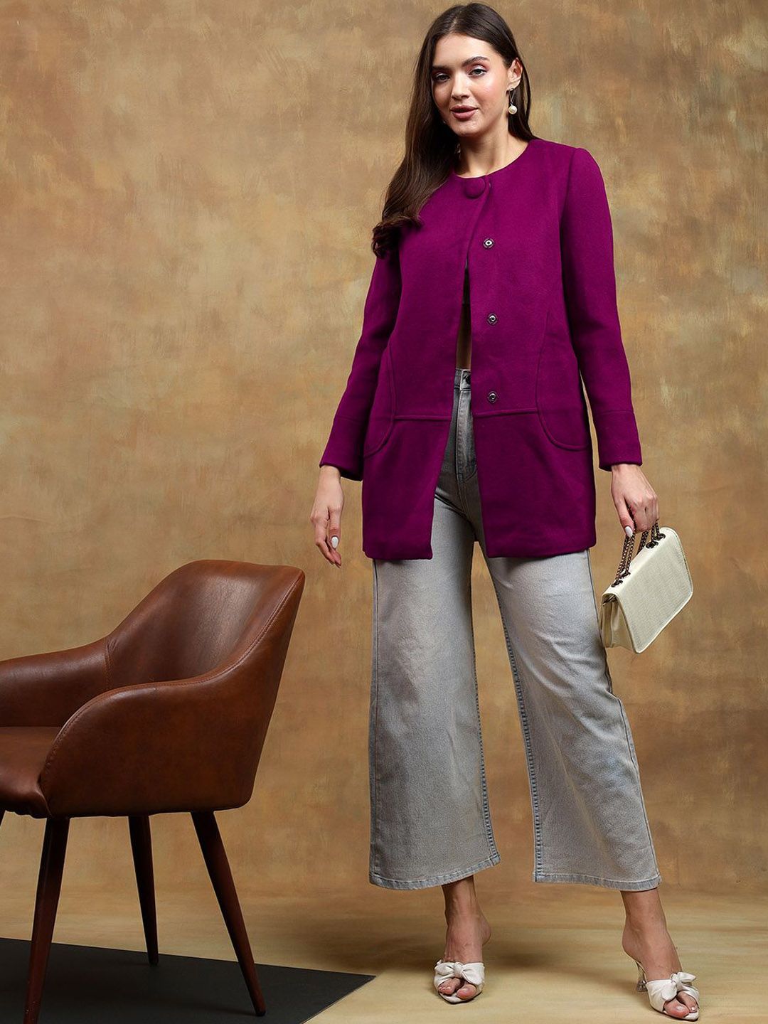 Kotty Women Solid Mandarin Collar Purple Overcoat