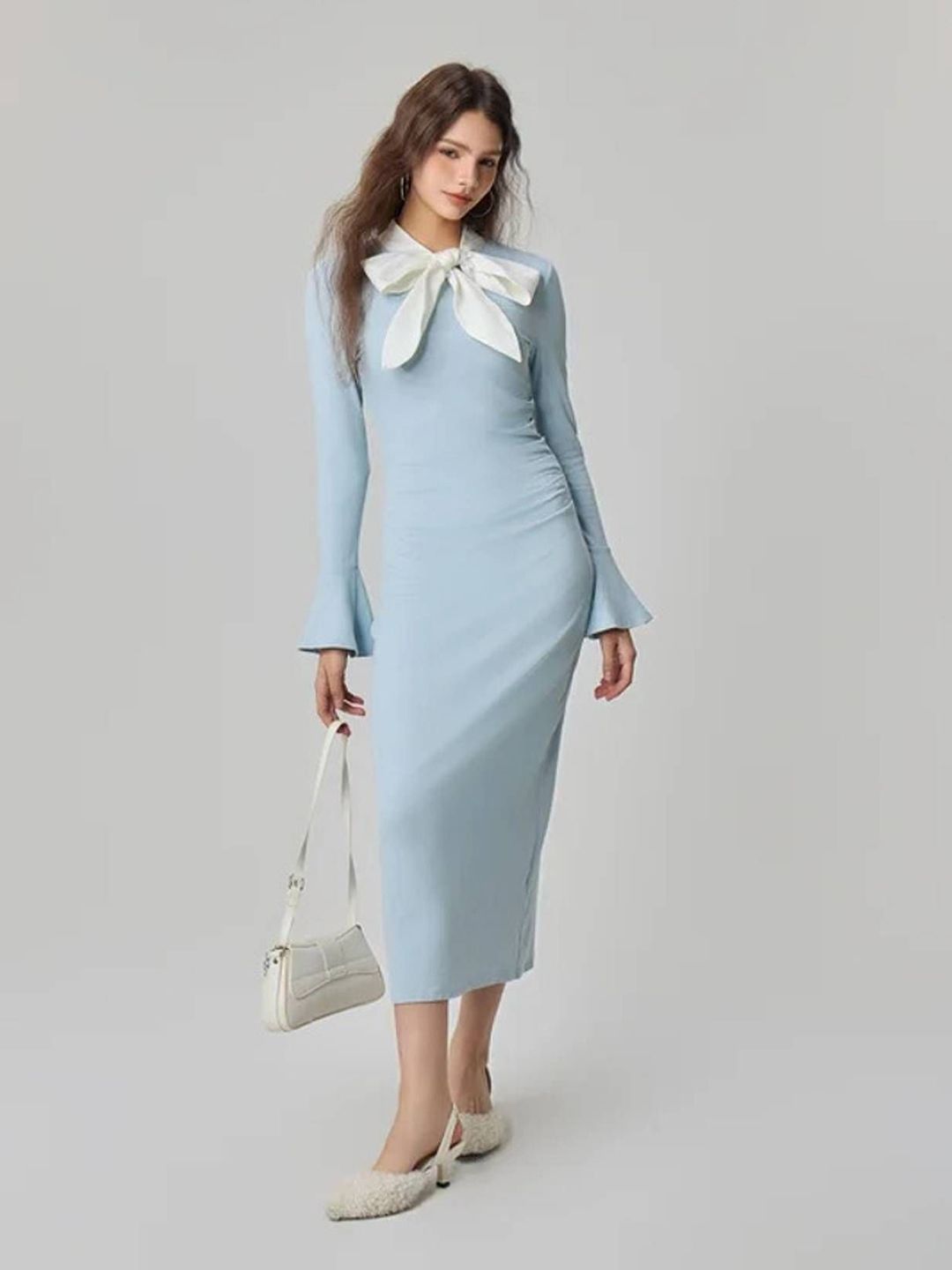 Kotty Women Solid Tie-Up Neck Bell Sleeve Bodycon Maxi Dress