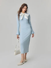 Kotty Women Solid Tie-Up Neck Bell Sleeve Bodycon Maxi Dress