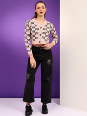 Kotty Women Geometric Printed Cotton Crop Cardigan