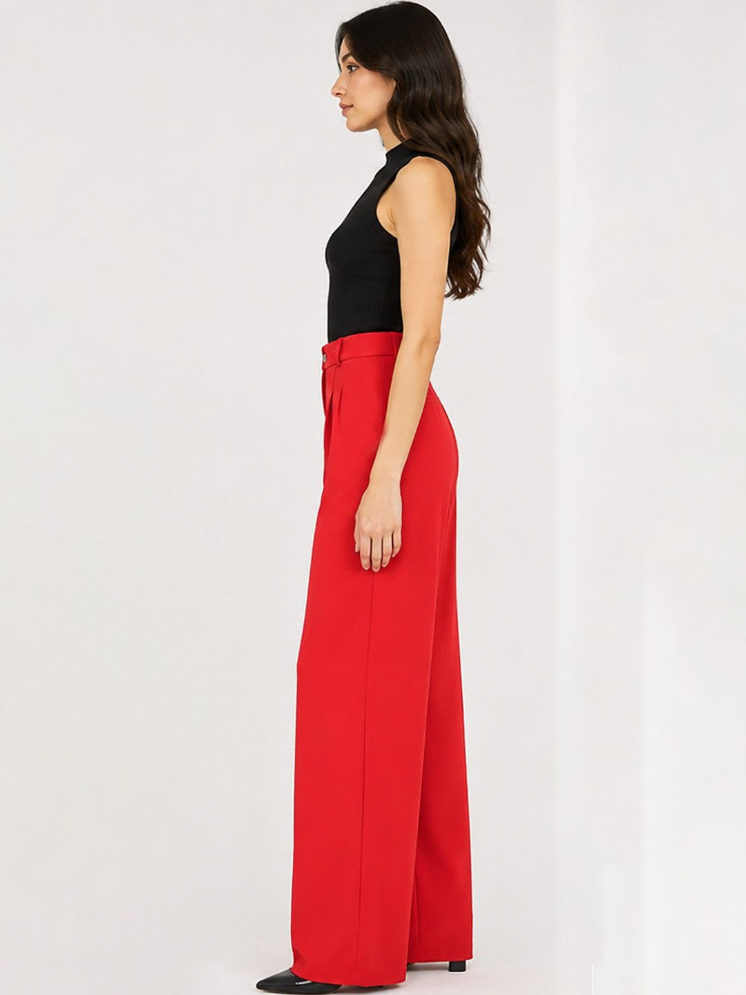 Red Relaxed Fit High-Rise Trousers for Women | Kotty