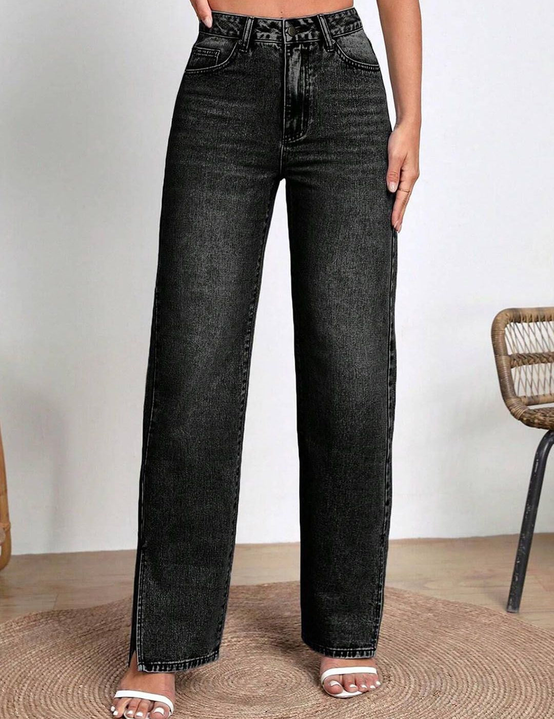 Kotty Women Wide Leg High-Rise Light Fade Stretchable Jeans with Slit