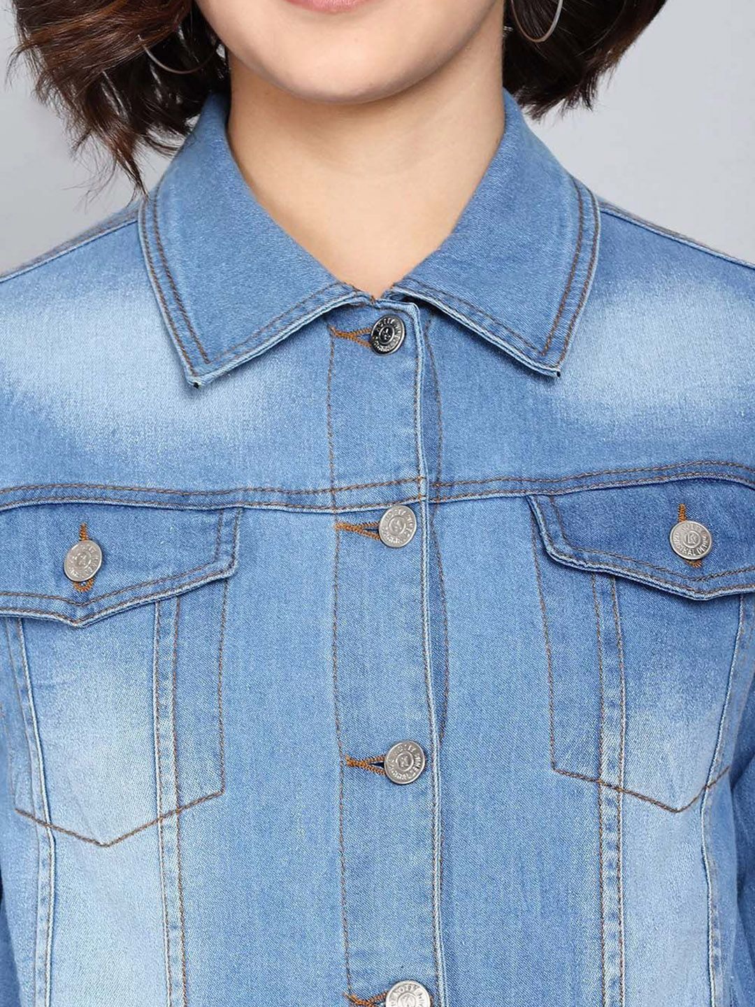 Kotty Women Spread Collar Solid Denim Jacket