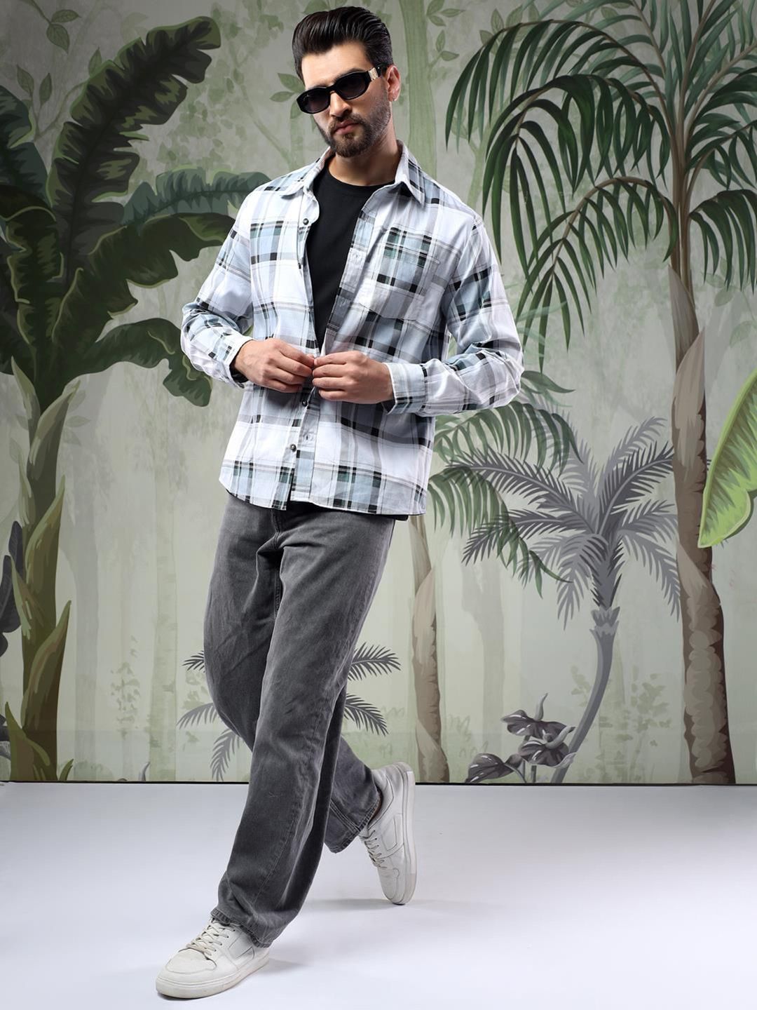 Kotty Men Spread Collar Tartan Checked Casual Shirt