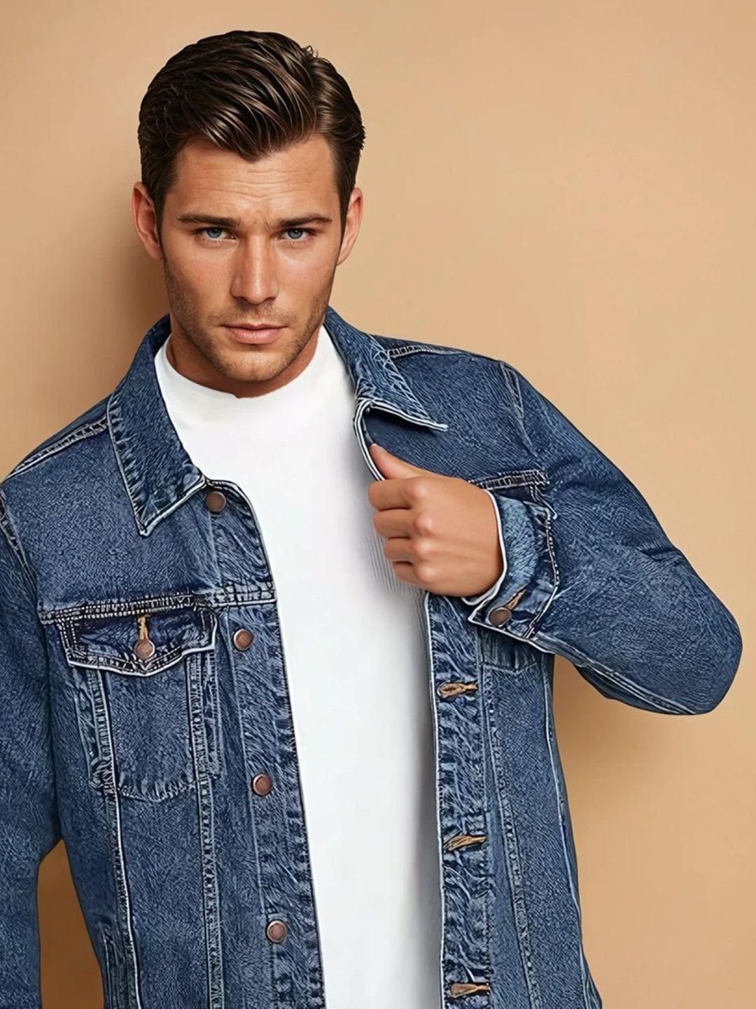 Kotty Men Spread Collar Solid Denim Jacket