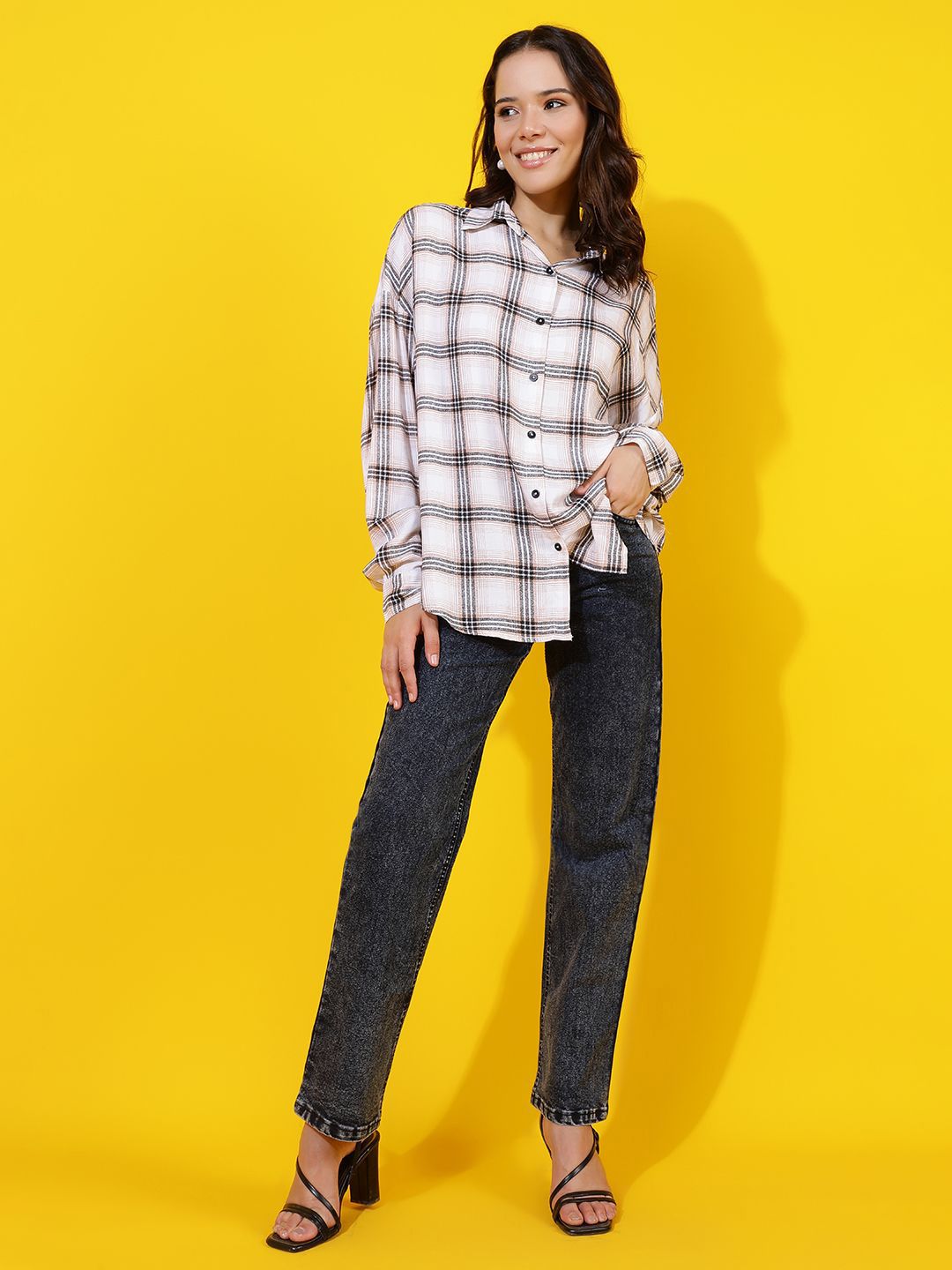 Kotty Women Comfort Spread Collar Buffalo Checked Cotton Oversized Casual Shirt