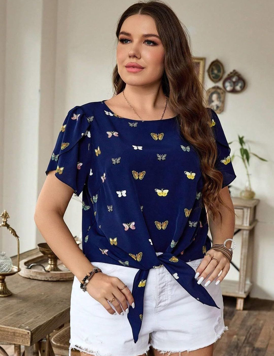 KOTTY Women Butterfly Print Boat Neck Puff Sleeves Tie-Up Top