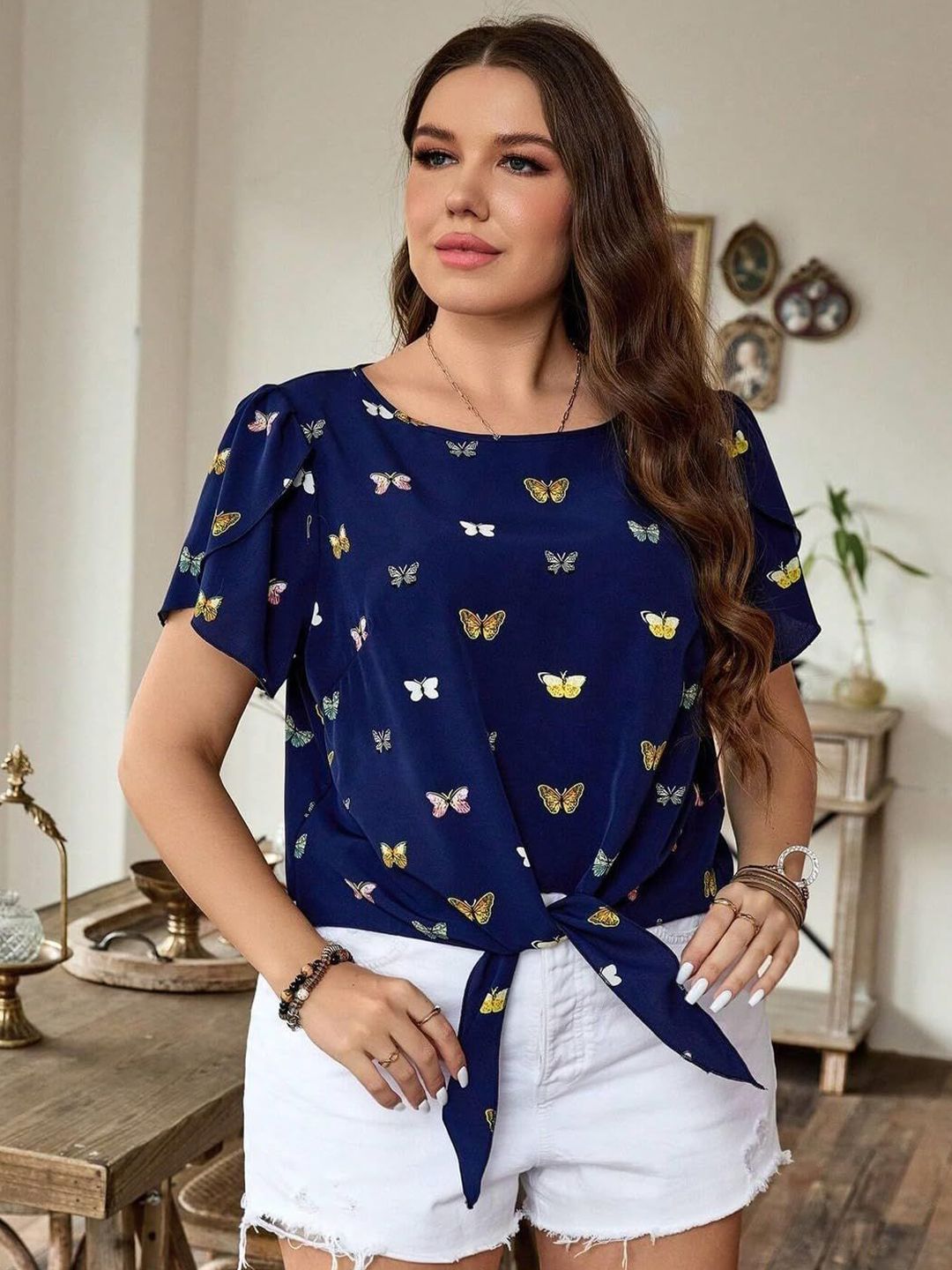 KOTTY Women Butterfly Print Boat Neck Puff Sleeves Tie-Up Top