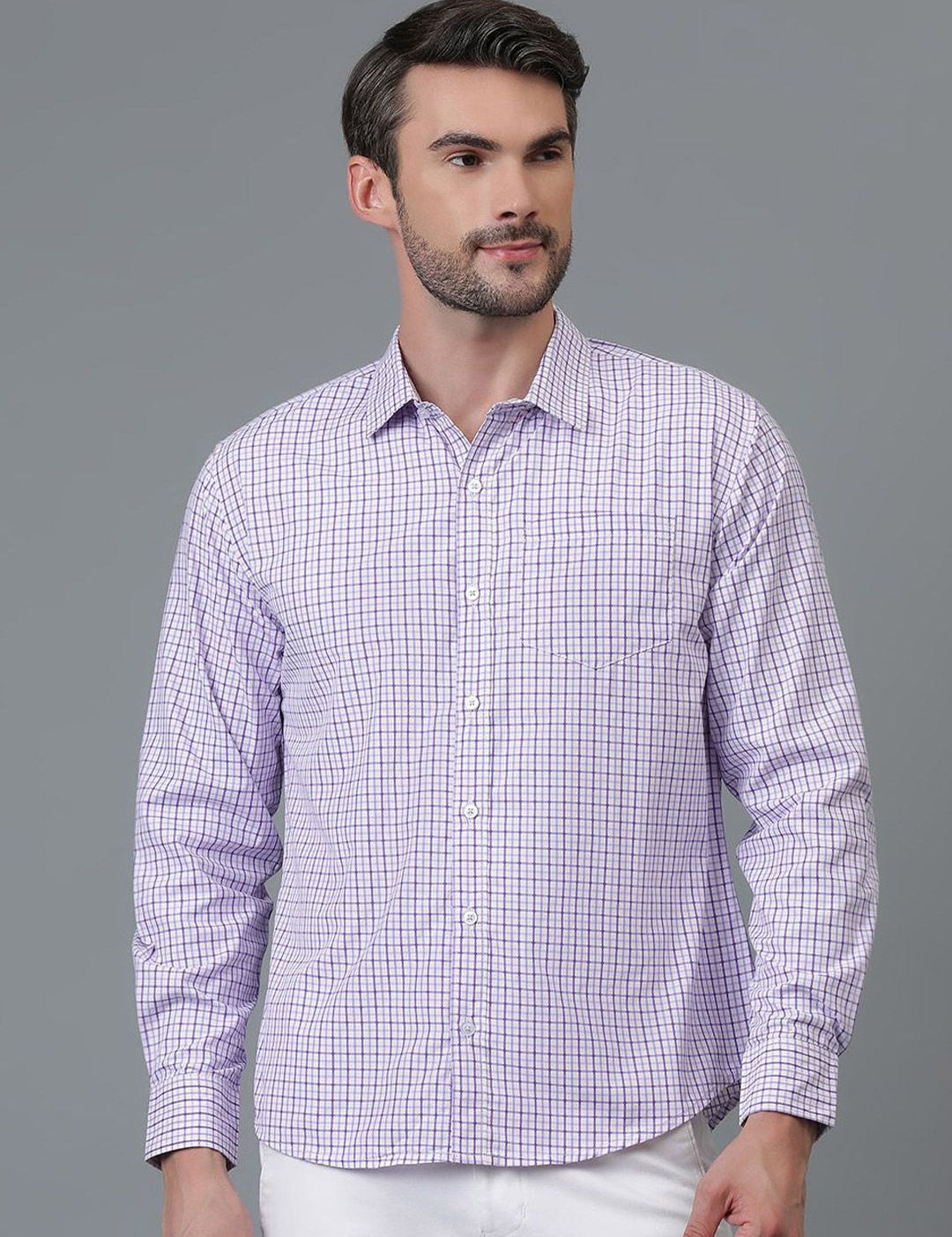 Kotty White & Blue New Gingham Checks Checked Spread Collar Casual Shirt