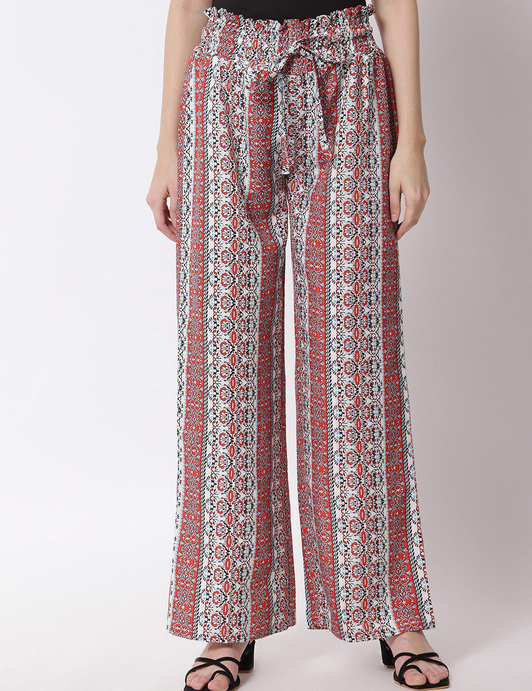 Kotty Women Red & White Printed Relaxed High-Rise Easy Wash Trousers
