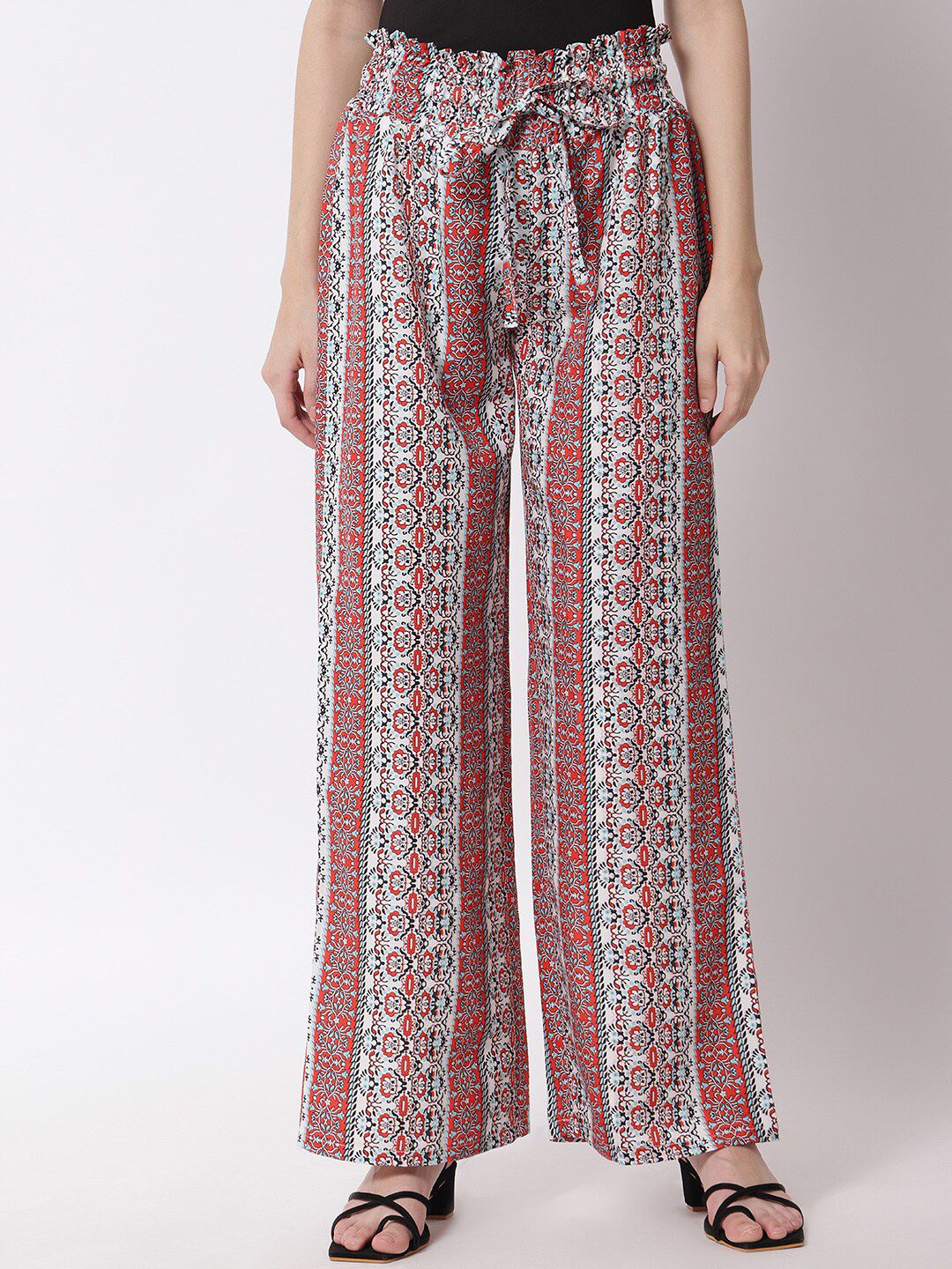 Kotty Women Red & White Printed Relaxed High-Rise Easy Wash Trousers