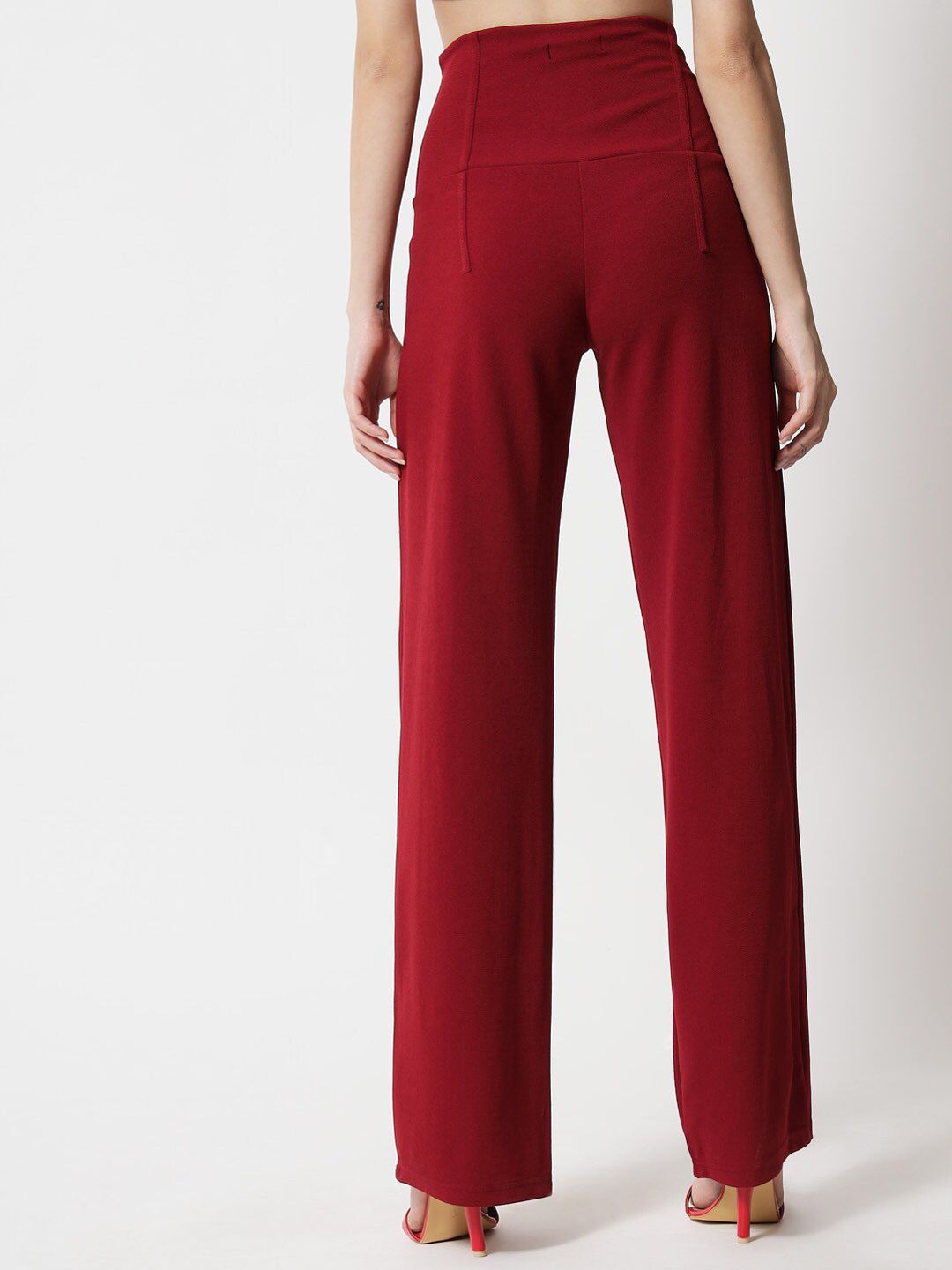 Kotty Women Maroon Relaxed Straight Fit High-Rise Easy Wash Pleated Trousers