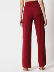 Kotty Women Maroon Relaxed Straight Fit High-Rise Easy Wash Pleated Trousers