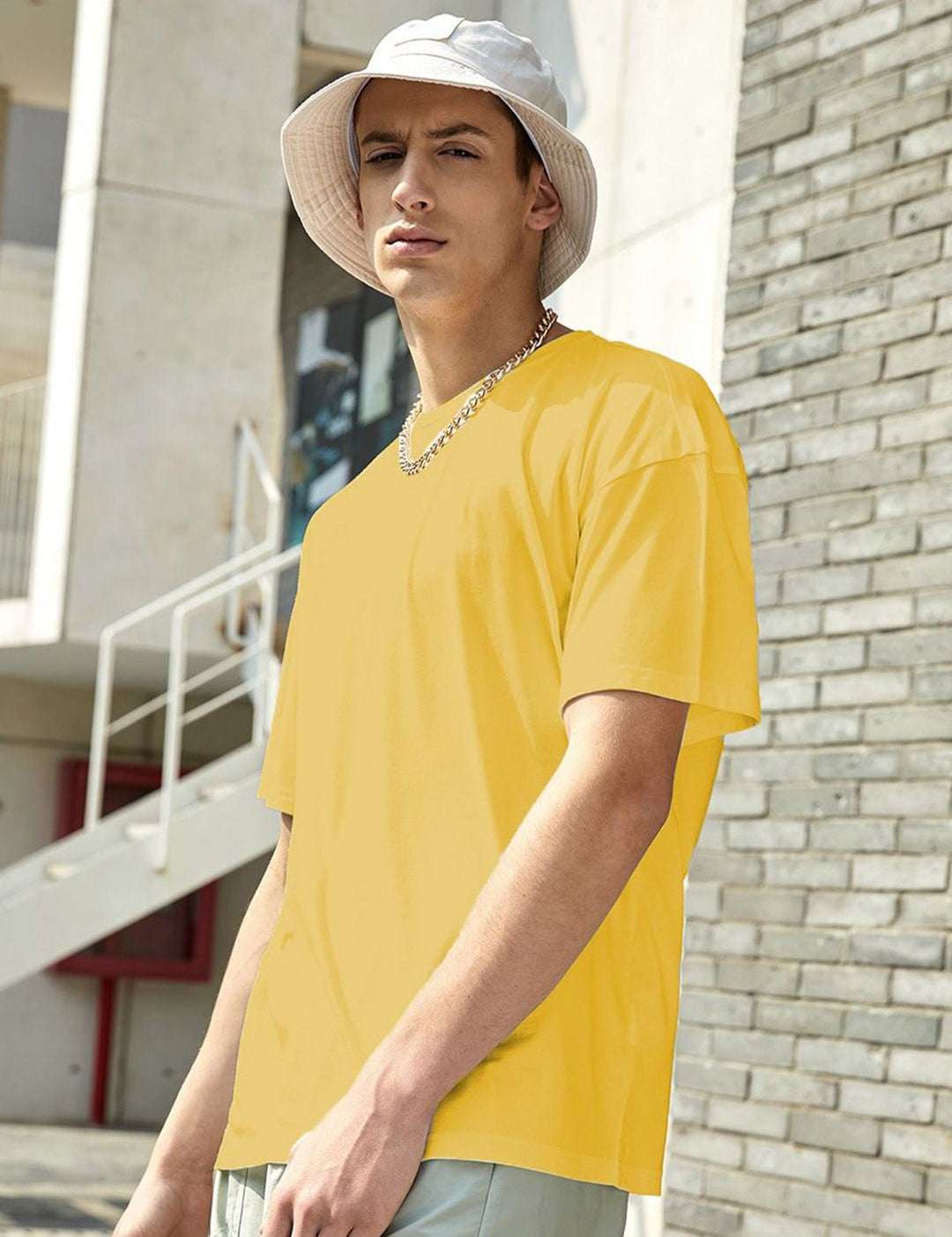 Kotty Yellow Drop-Shoulder Sleeves Oversized Cotton Casual T-Shirt