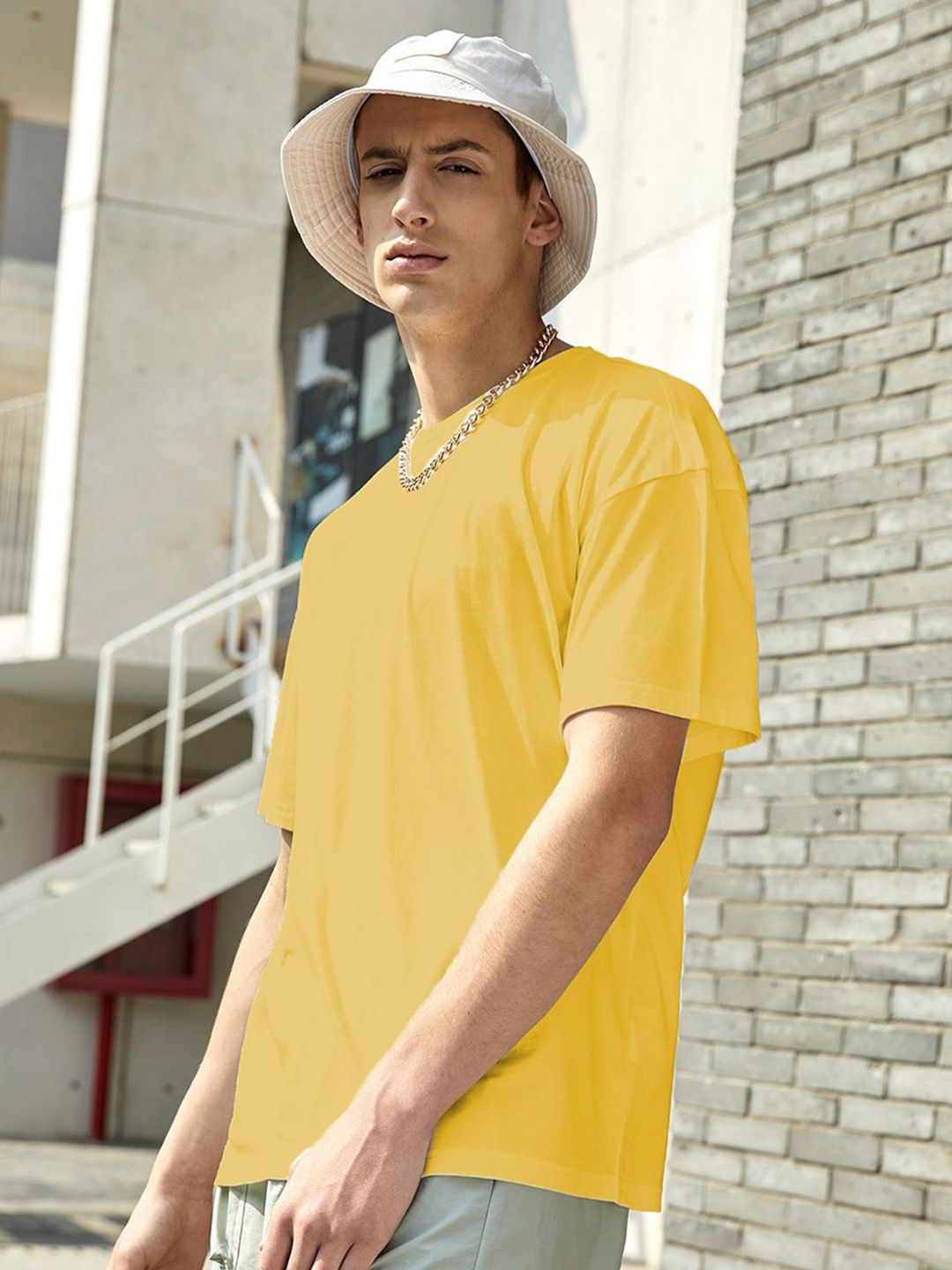 Kotty Yellow Drop-Shoulder Sleeves Oversized Cotton Casual T-Shirt