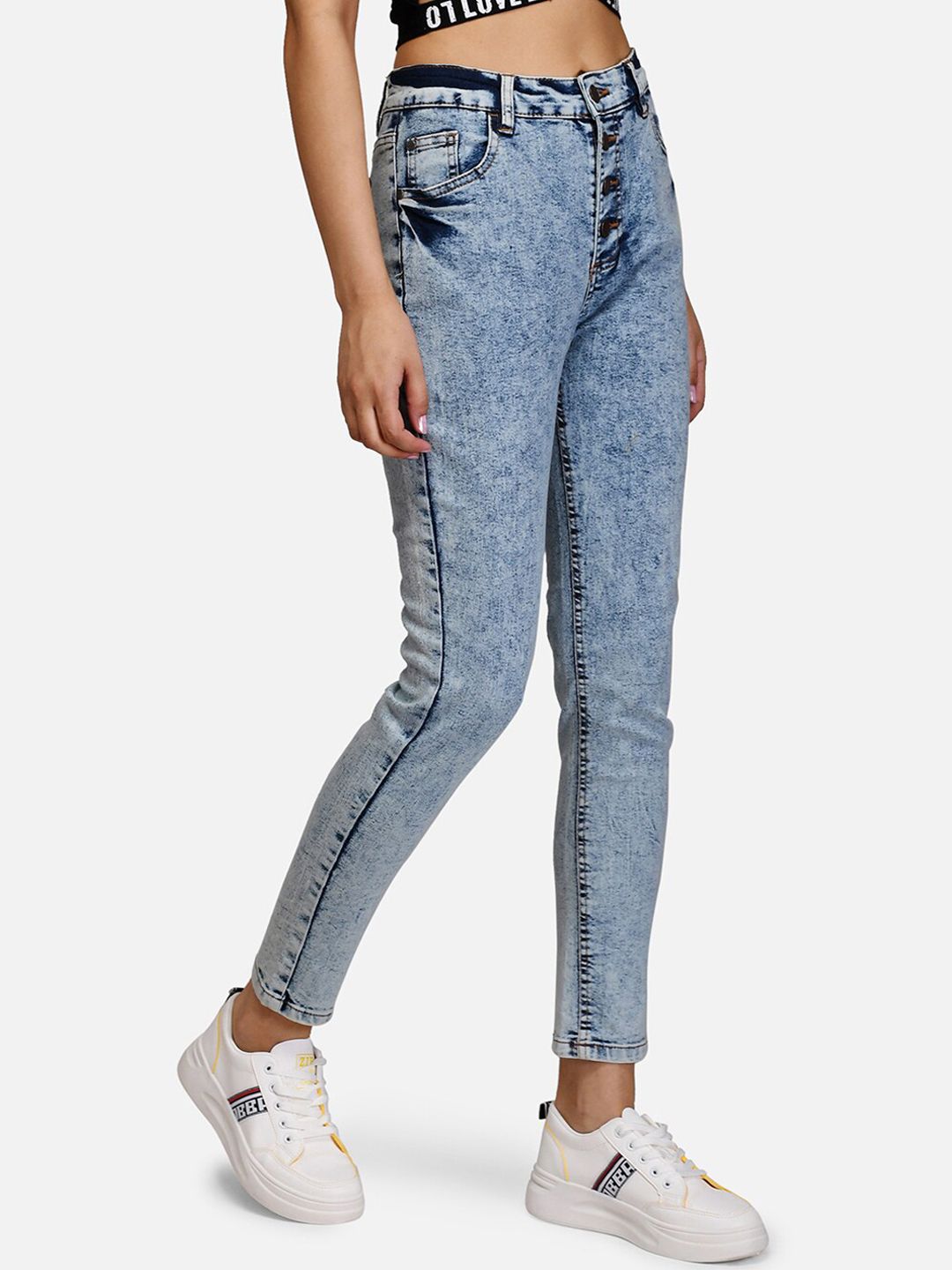 Kotty Women Blue Skinny Fit High-Rise Acid Washed Jeans