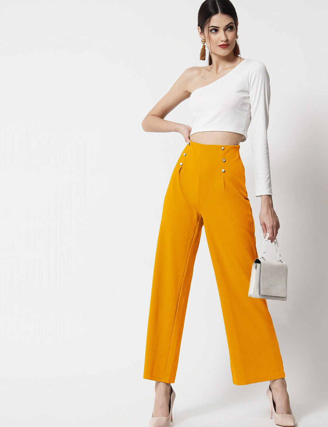 Kotty Women Yellow Relaxed Straight Fit High-Rise Easy Wash Trousers