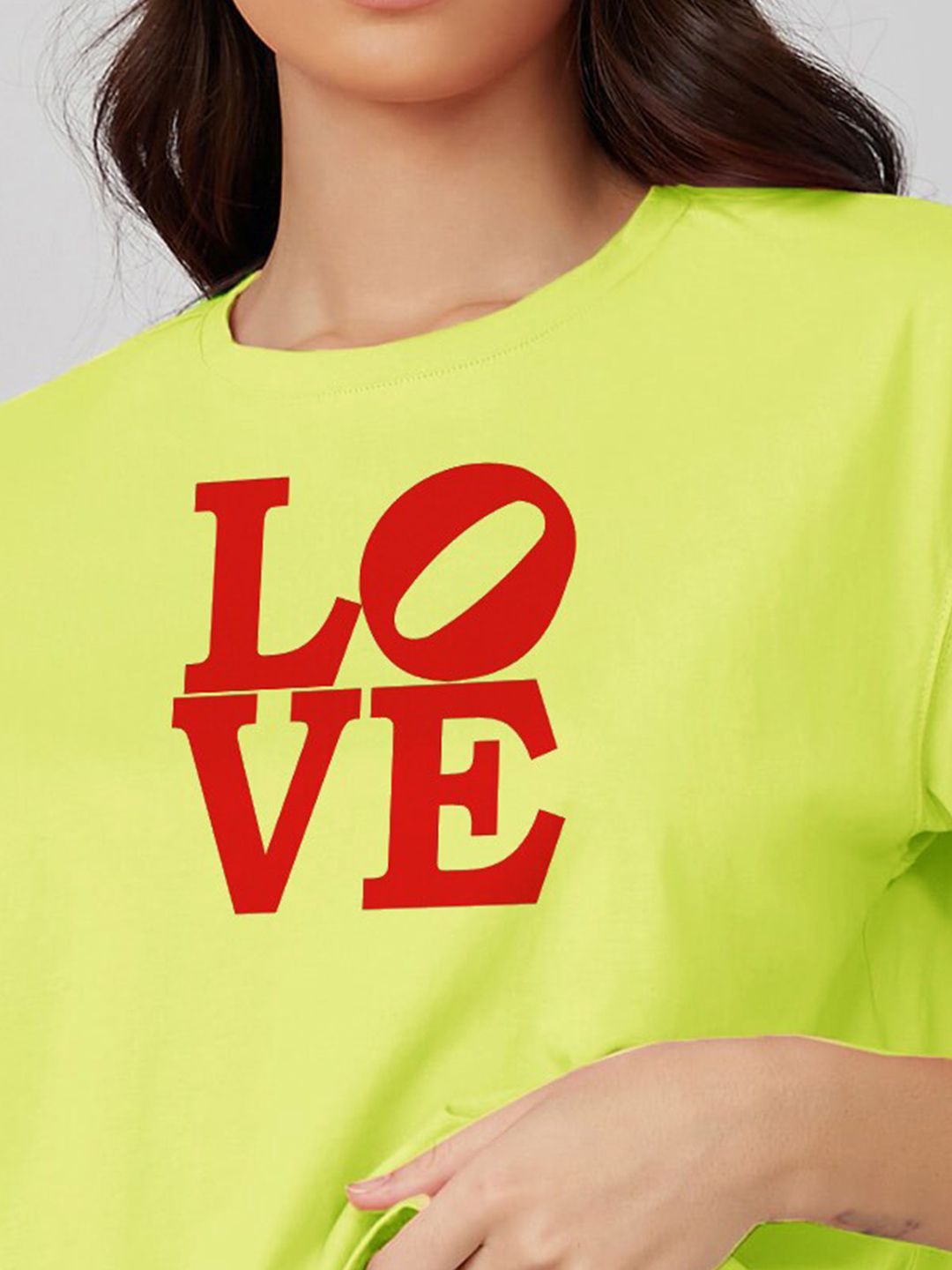Kotty Yellow Typography Printed Drop-Shoulder Sleeves Cotton Oversized Crop T-shirt