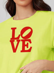 Kotty Yellow Typography Printed Drop-Shoulder Sleeves Cotton Oversized Crop T-shirt