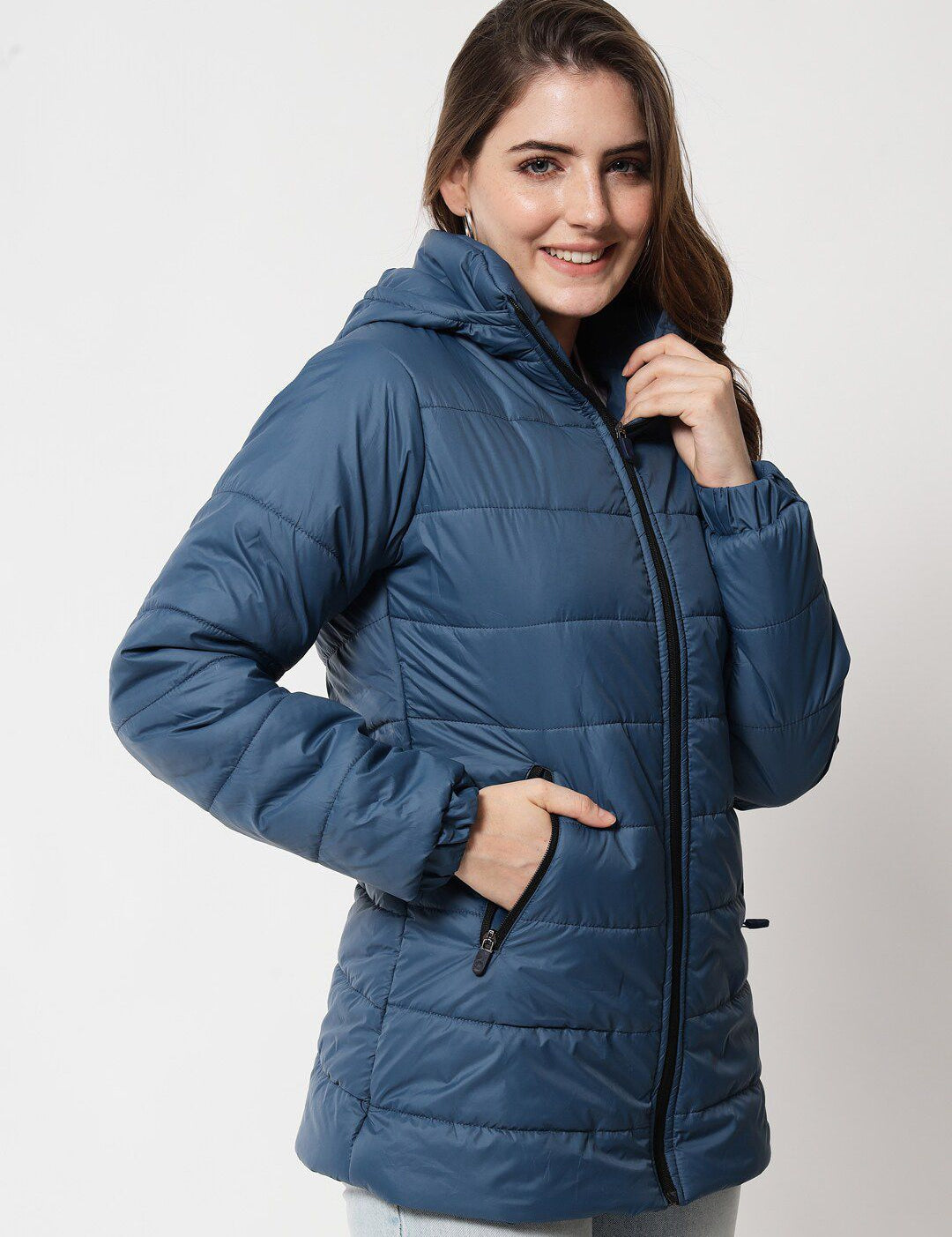 Kotty Women Blue Solid Longline Padded Jacket