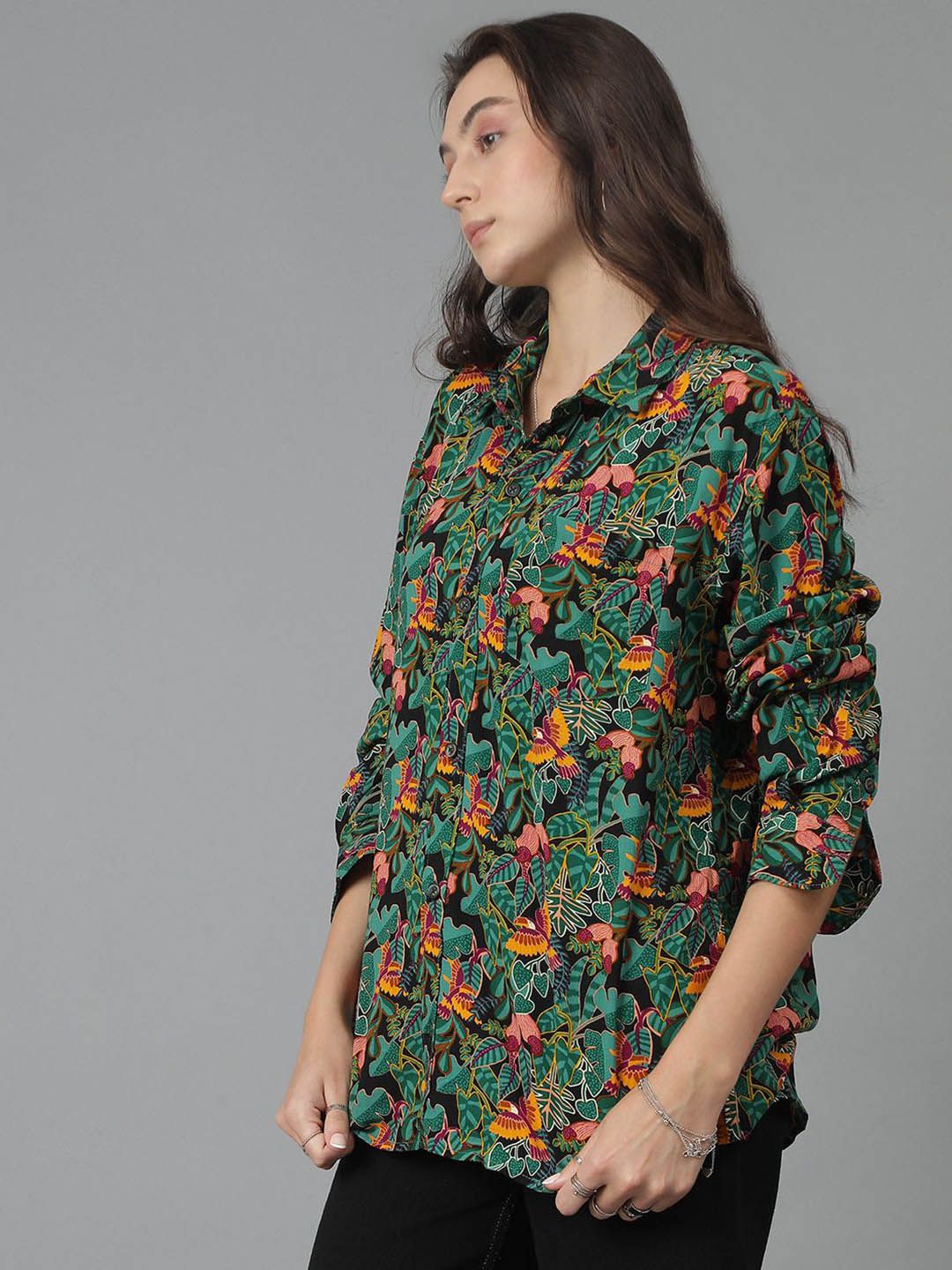 Kotty Women Spread Collar Floral Printed Cotton Oversized Casual Shirt