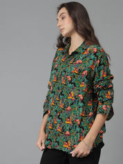 Kotty Women Spread Collar Floral Printed Cotton Oversized Casual Shirt