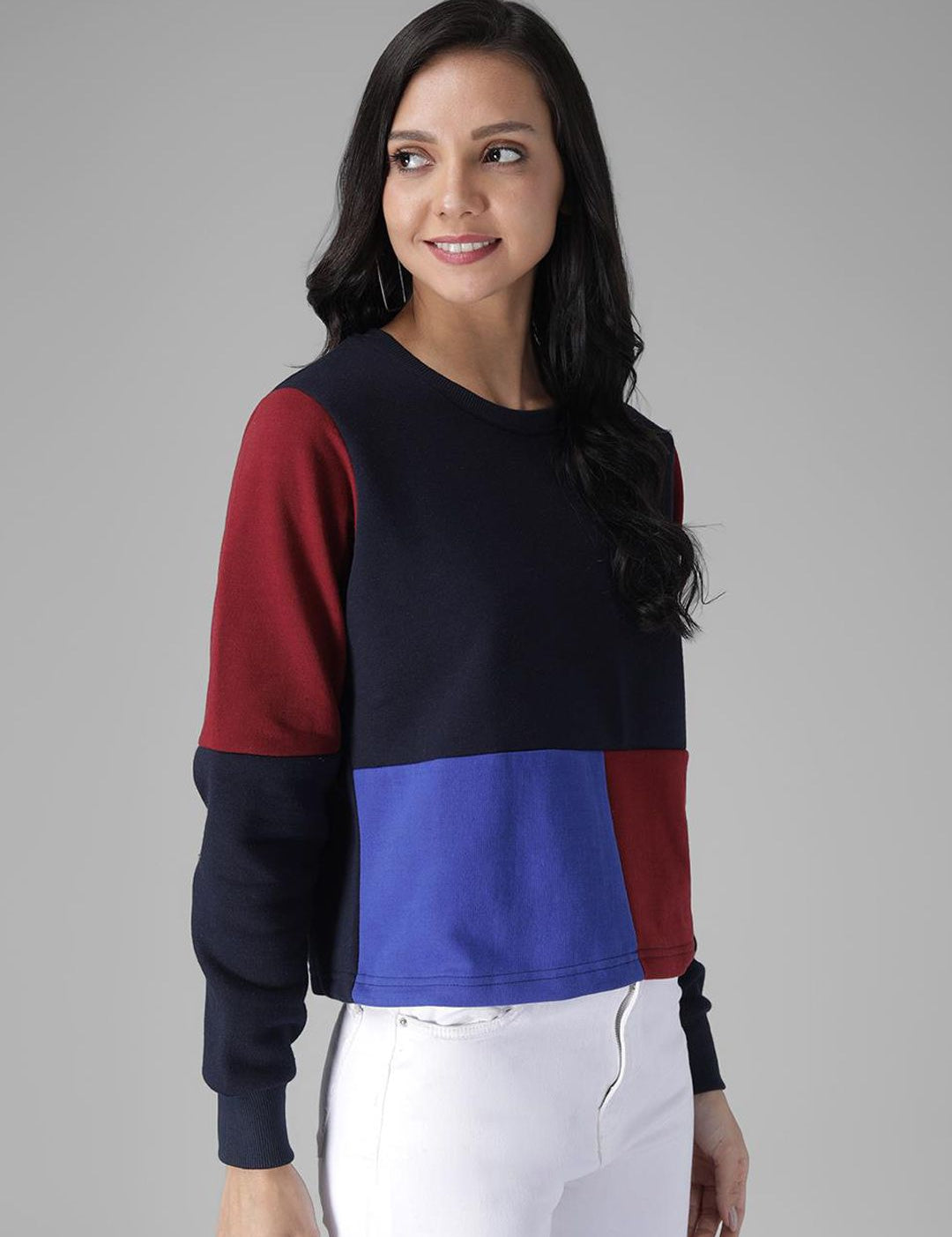 Kotty Women Maroon & Blue Colourblocked Sweatshirt
