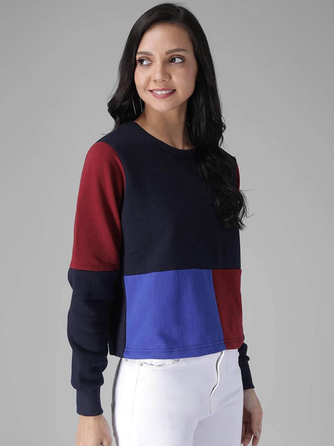 Kotty Women Maroon & Blue Colourblocked Sweatshirt