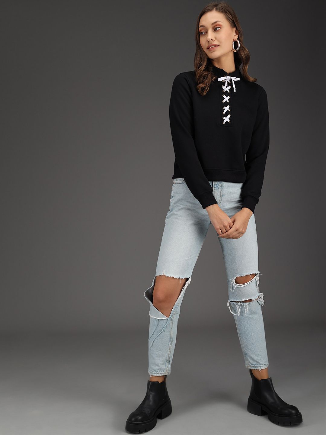 Kotty Women Black & White Solid Fleece Sweatshirt