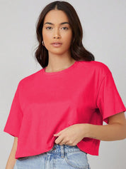 Kotty Round Neck Drop-Shoulder Sleeves Oversized Crop T-shirt