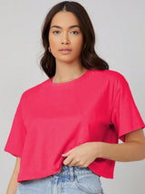 Kotty Round Neck Drop-Shoulder Sleeves Oversized Crop T-shirt