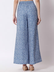 Kotty Women Blue and White Floral Printed Relaxed Flared High-Rise Trousers