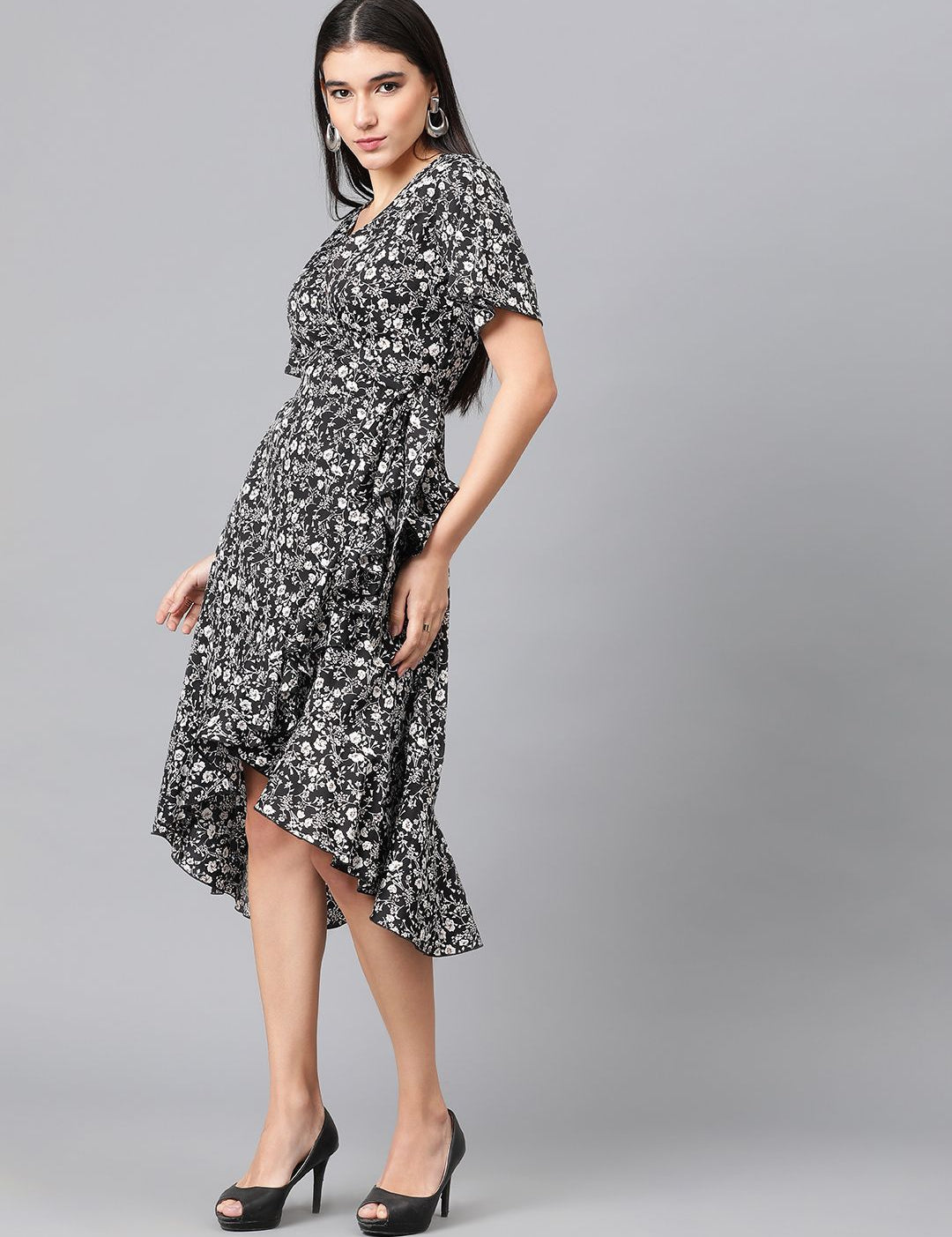 Kotty Floral Printed V-Neck Flared Sleeve High-Low Crepe Wrap Dress