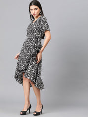 Kotty Floral Printed V-Neck Flared Sleeve High-Low Crepe Wrap Dress