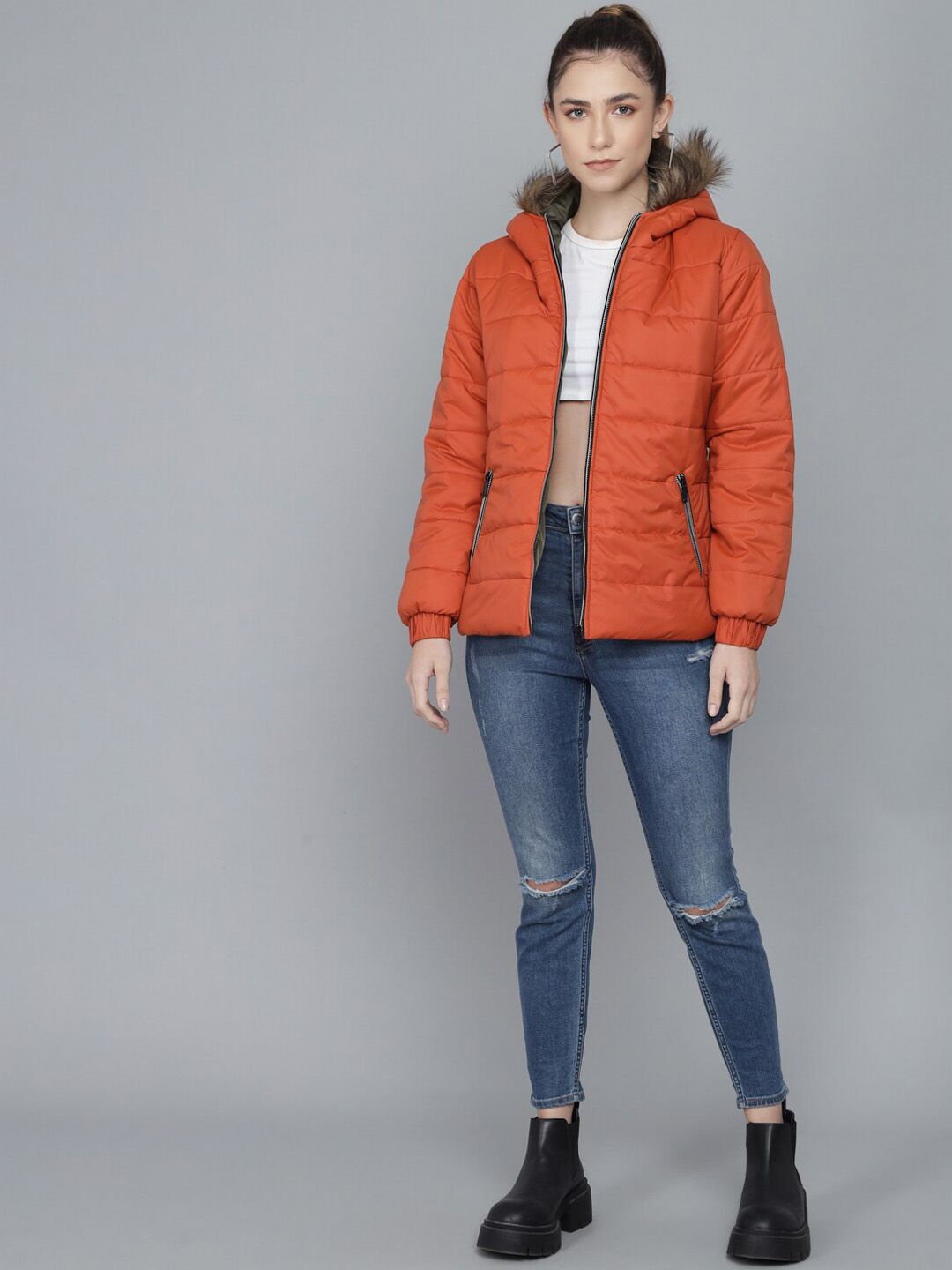 Kotty Women Orange Striped Lightweight Parka Jacket