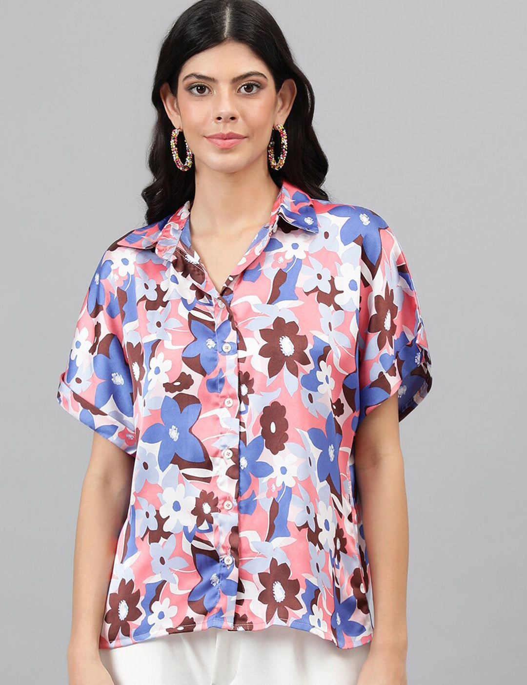 Kotty Pink & Blue Modern Floral Printed Extended Sleeves Satin Casual Shirt
