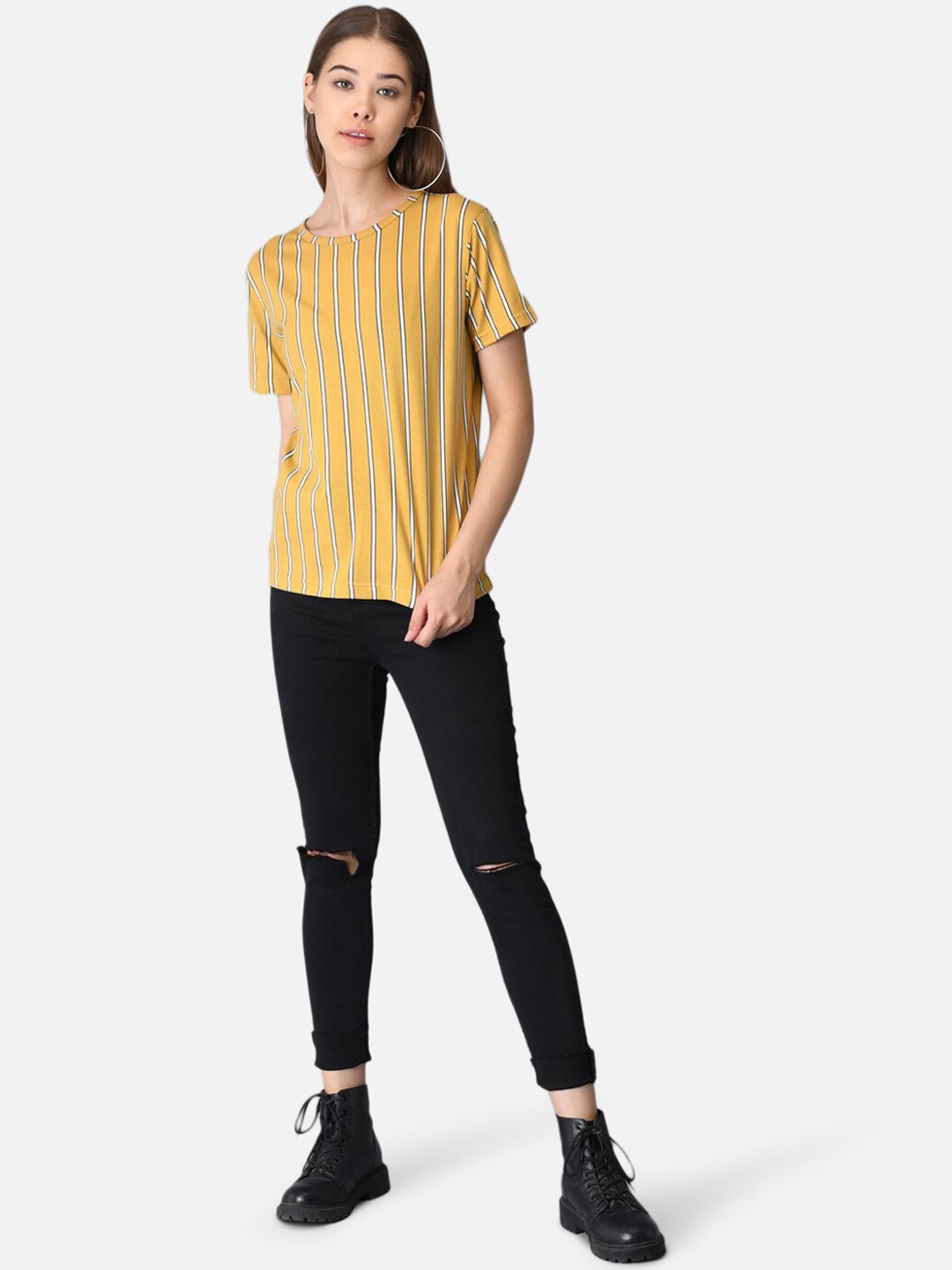 Kotty Women Yellow Striped Boat Neck T-shirt