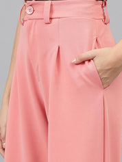 KOTTY BIZwear Women Baby Pink Relaxed Straight Leg High-Rise Easy Wash Pleated Trousers
