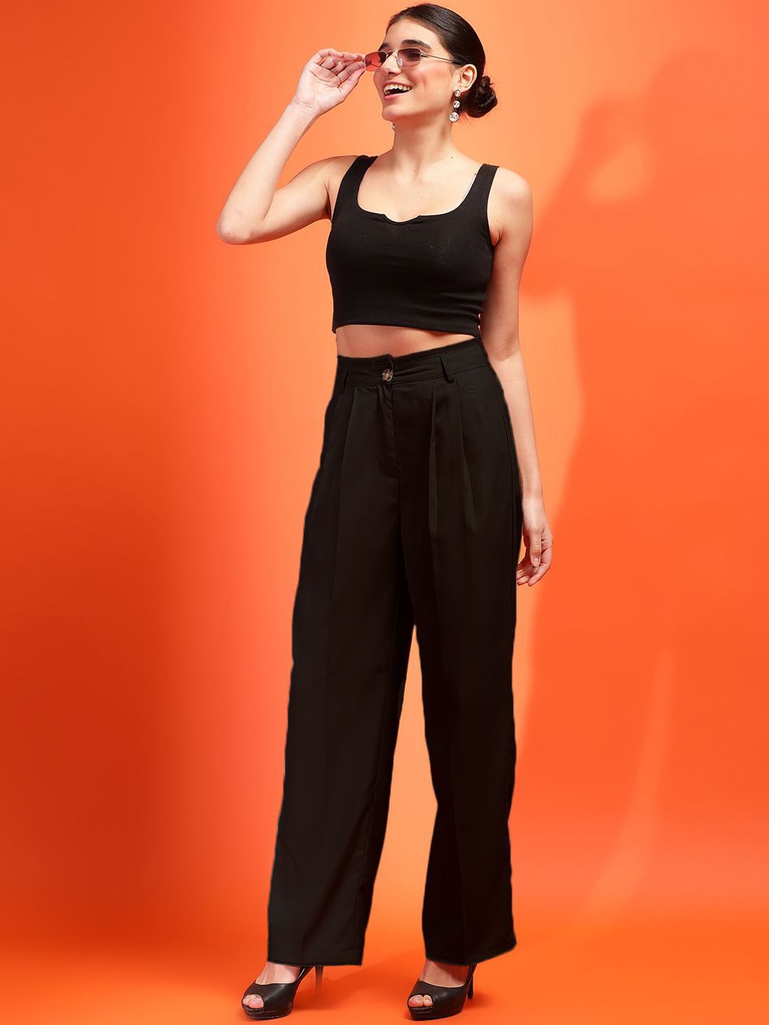 Kotty Women Straight Fit High-Rise Easy Wash Pleated Trousers