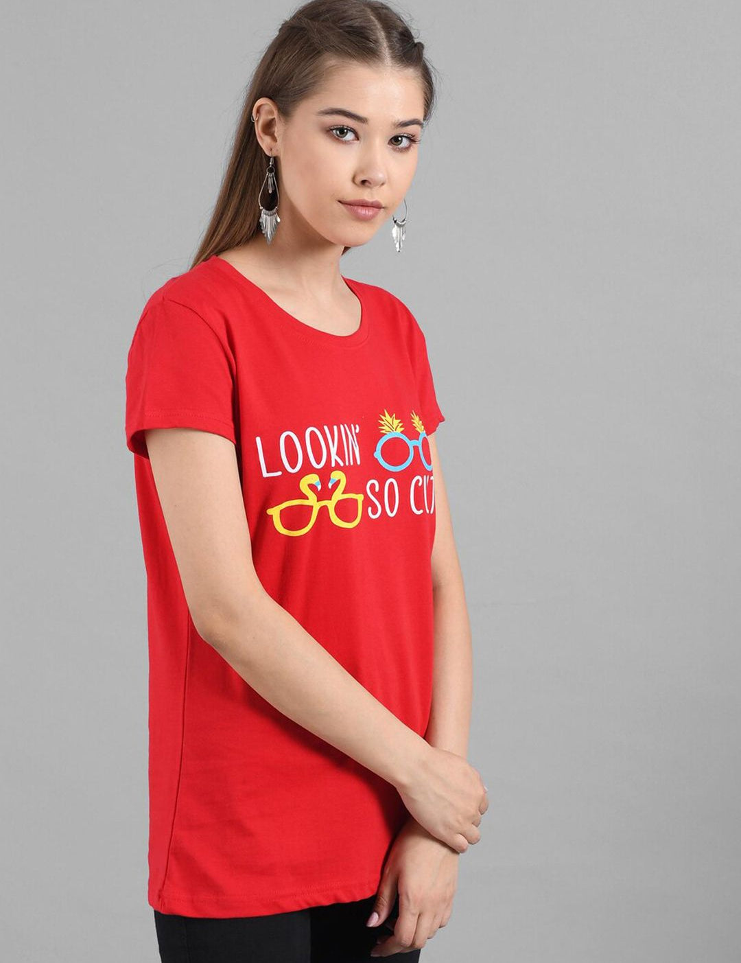 Kotty Women Red Printed Round Neck T-shirt