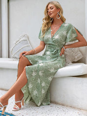 Kotty Green & White Floral Printed Flared Sleeves Wrap Midi Dress
