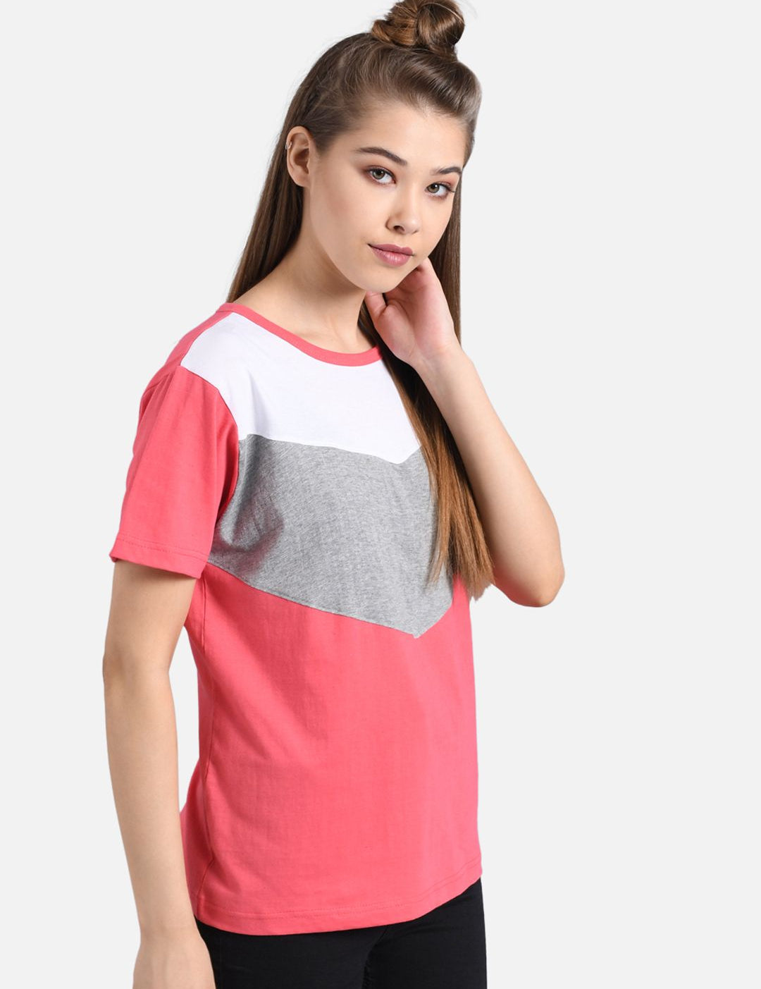 Kotty Women Pink Colourblocked Round Neck T-shirt
