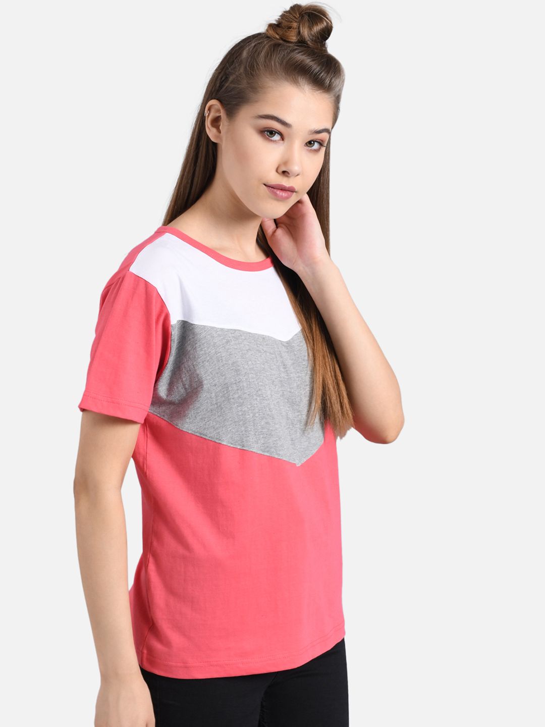 Kotty Women Pink Colourblocked Round Neck T-shirt