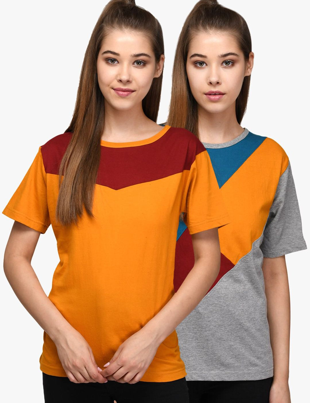 Kotty Women Pack Of 2 Orange & Grey Colourblocked Round Neck T-shirt