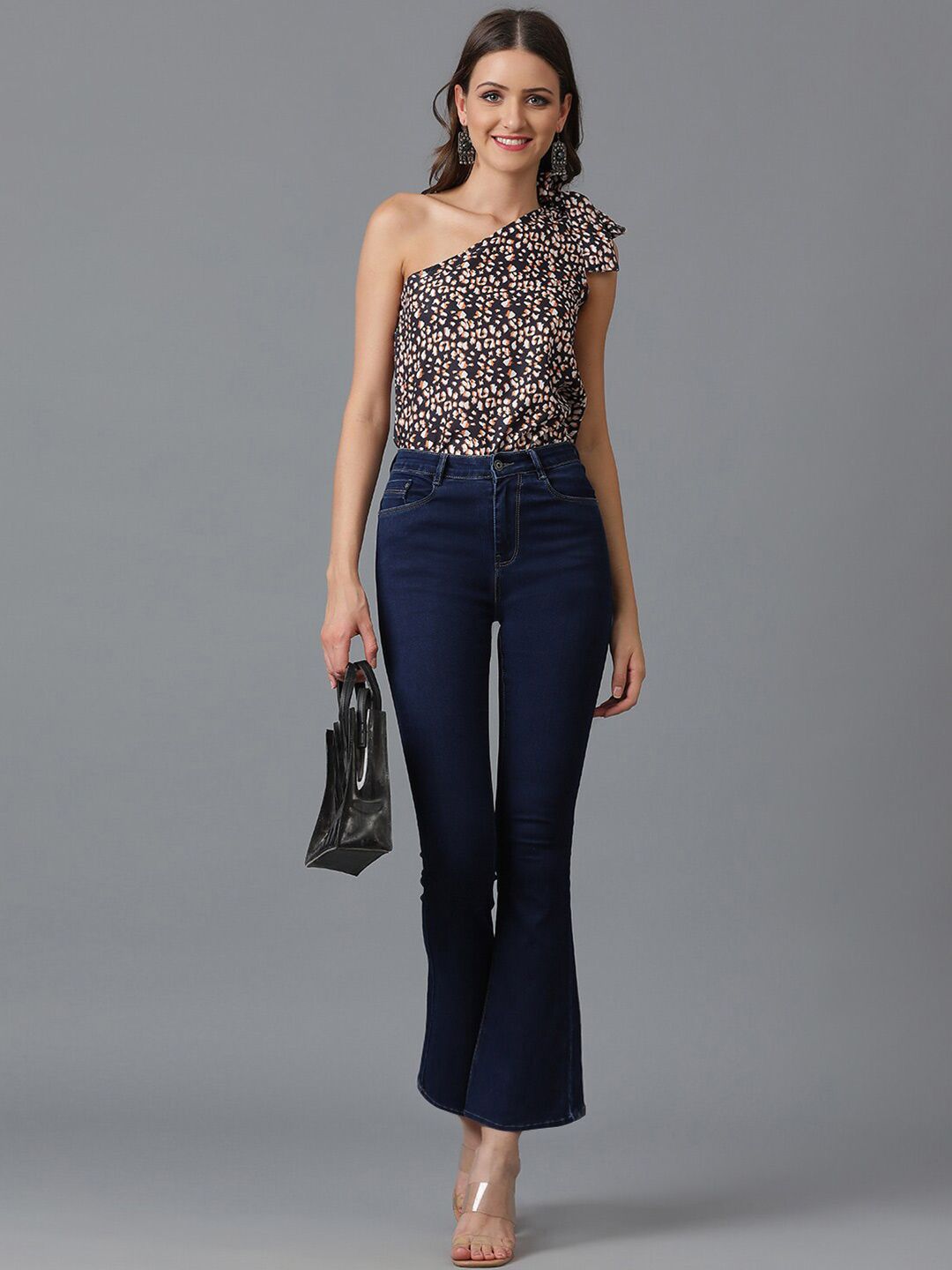 Kotty Black Floral Printed One Shoulder Crepe Top