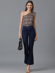 Kotty Black Floral Printed One Shoulder Crepe Top