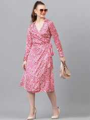 Kotty Pink & White Abstract Printed Puffed Sleeves Satin Midi Dress