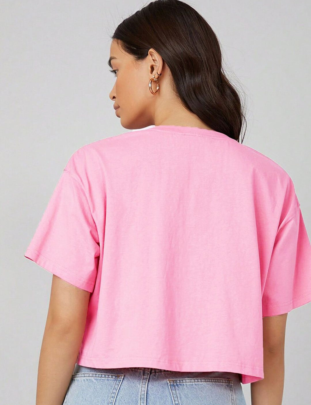 Kotty Pink Typography Printed Drop-Shoulder Sleeves Cotton Oversized Crop T-shirt